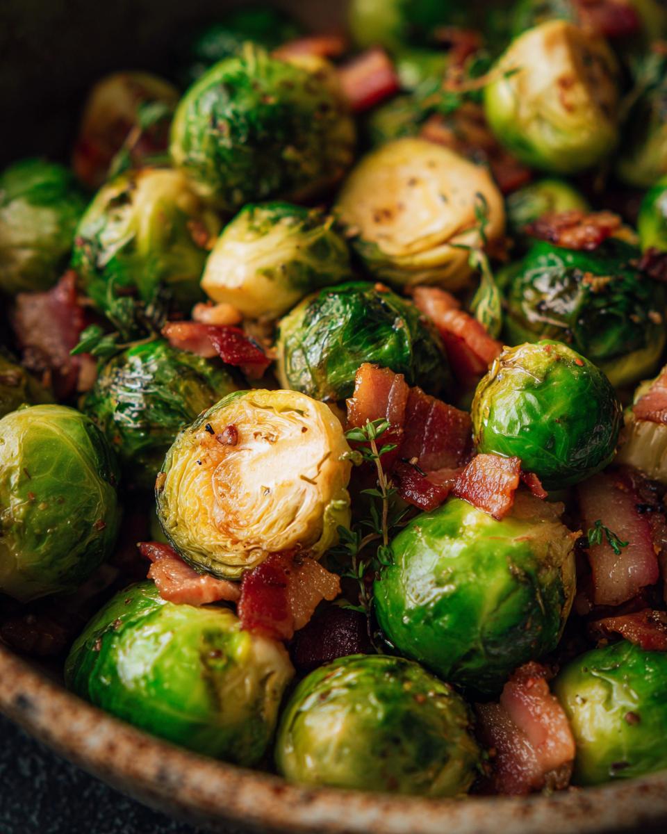 Brussels Sprouts with Bacon: 10-Min Recipe! 9 Close-up of roasted Brussels Sprouts with Bacon, showing crispy bacon and tender sprouts.