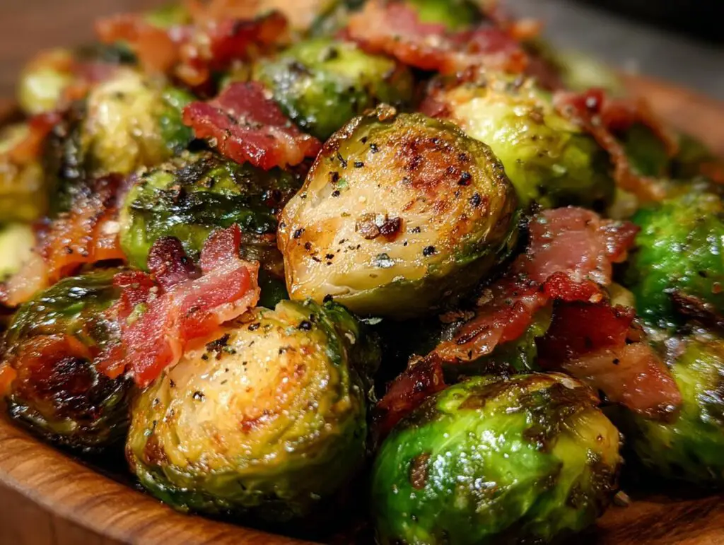 Close-up of roasted Brussels Sprouts with Bacon, a quick and easy recipe.