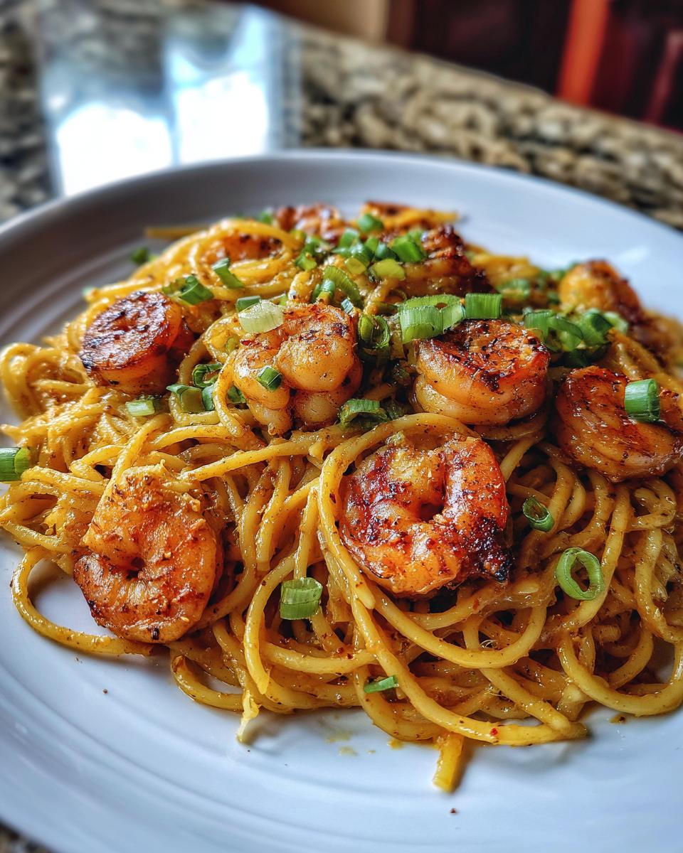 Close-up of Quick Cajun Shrimp Pasta with perfectly cooked shrimp and green onions.