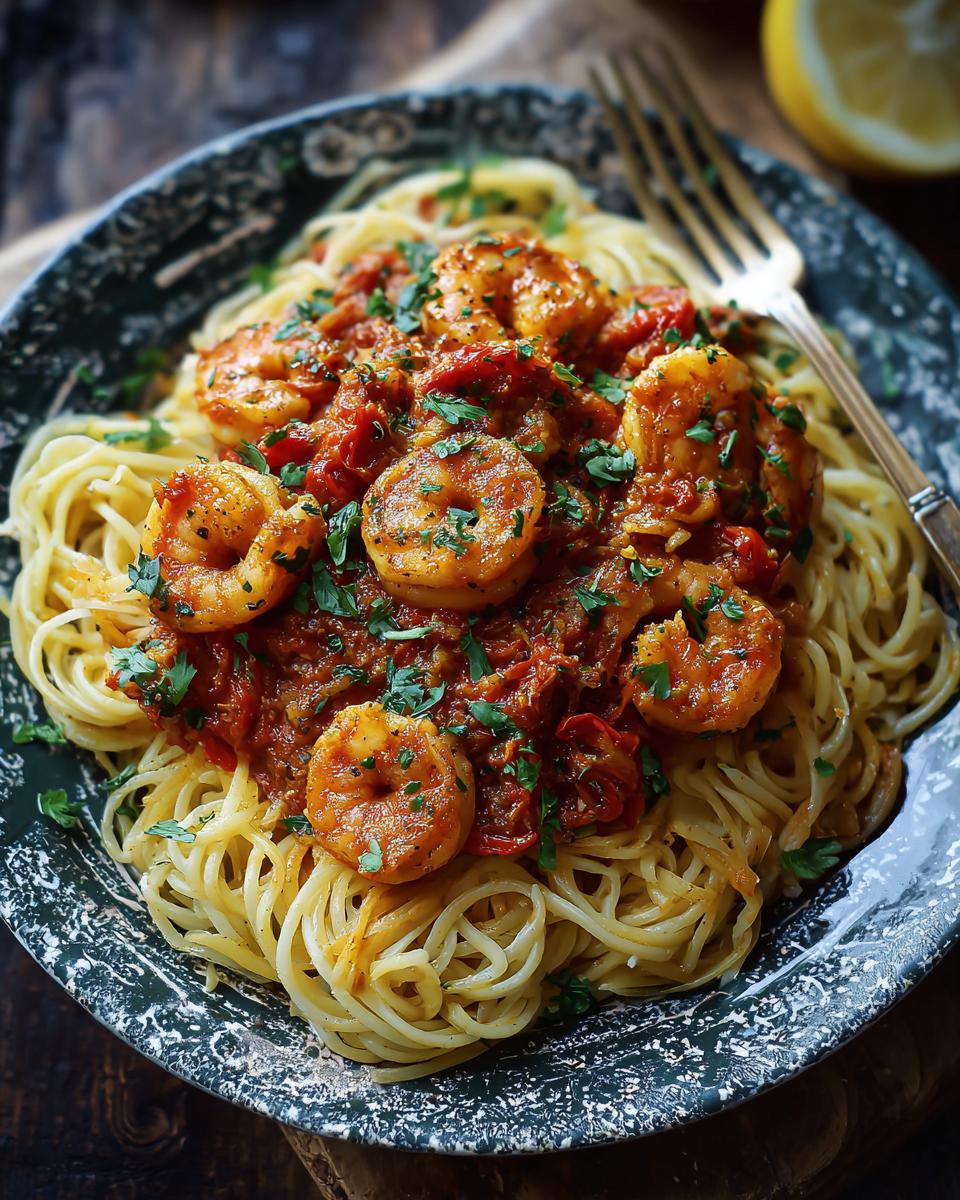 A plate of Quick Cajun Shrimp Pasta with shrimp, tomatoes, and herbs.