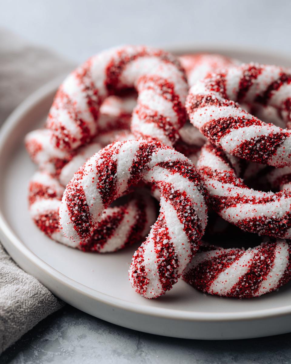 Close-up of festive candy cane cookies with red and white stripes, coated in sugar.
