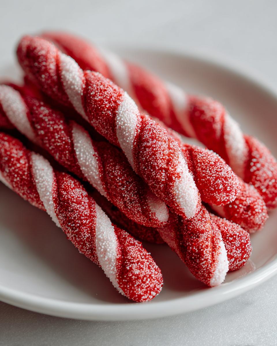 Close-up of twisted red and white candy cane cookies coated in sugar, perfect for a Candy Cane Cookie Recipe.