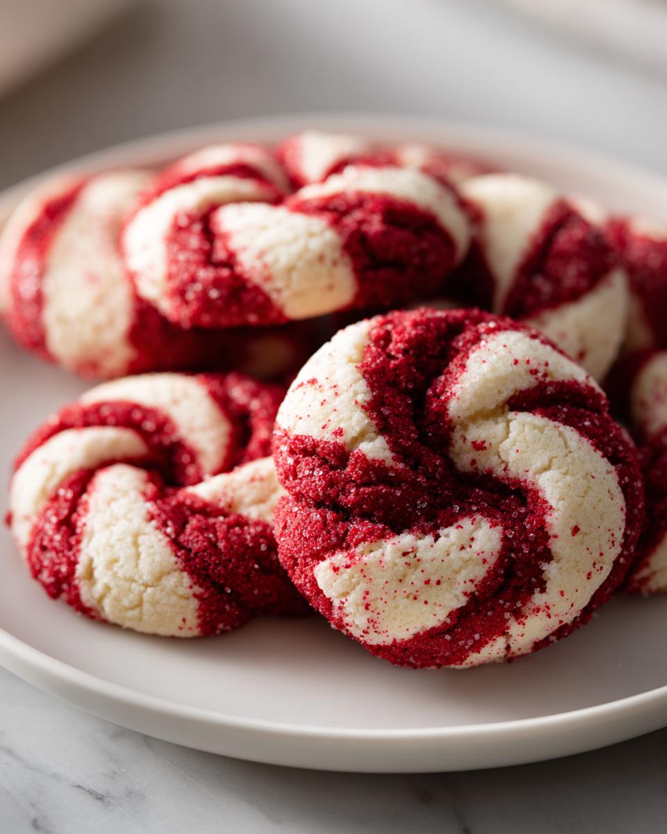 Close-up of festive candy cane cookies with red and white swirls, coated in sugar.