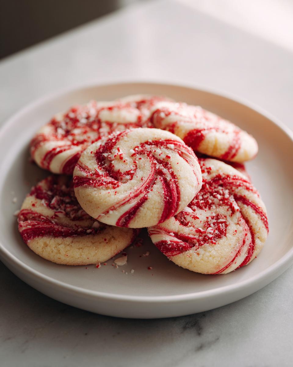 Close-up of festive candy cane cookies with red and white swirls, sprinkled with crushed candy cane.