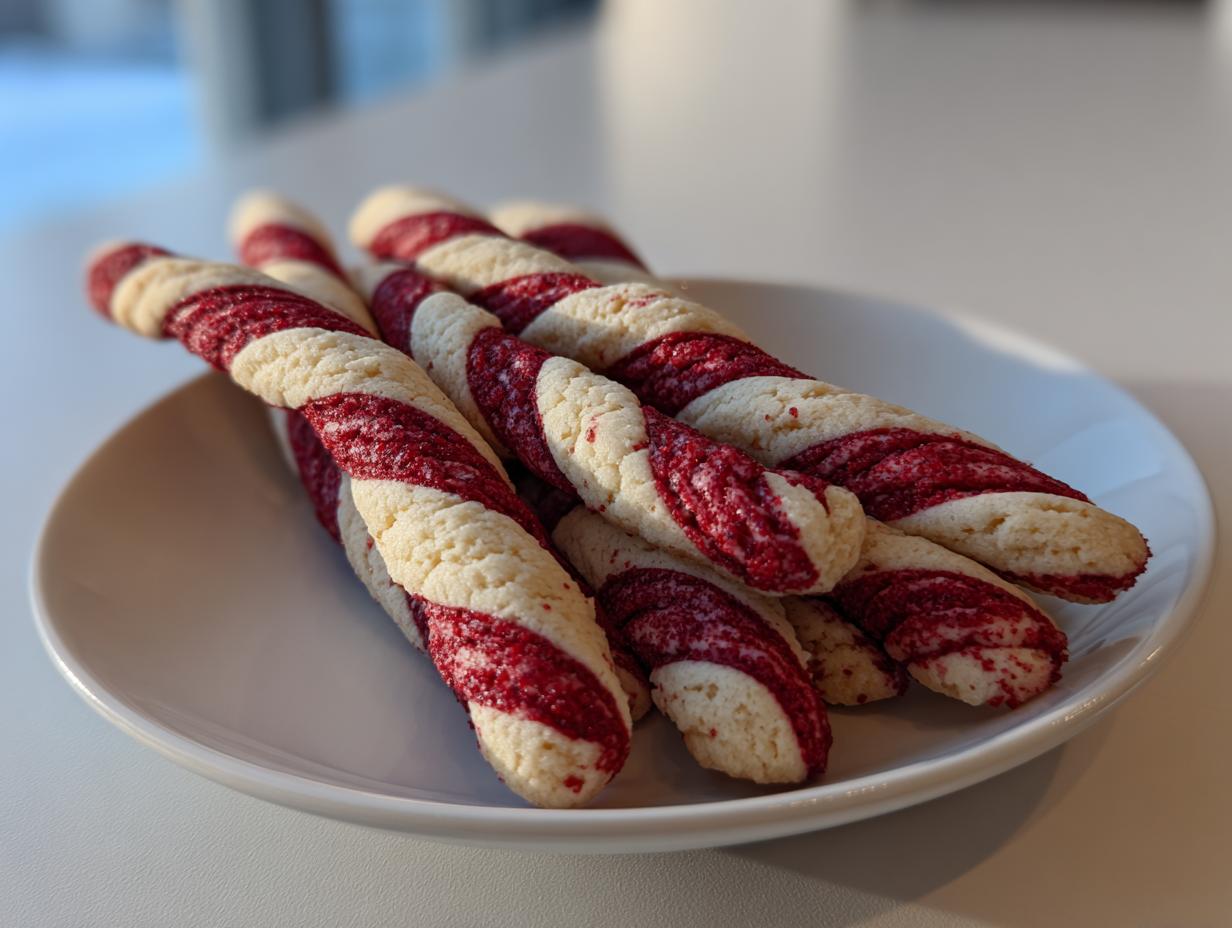 A pile of twisted red and white candy cane cookies on a white plate, perfect for a Candy Cane Cookie Recipe.