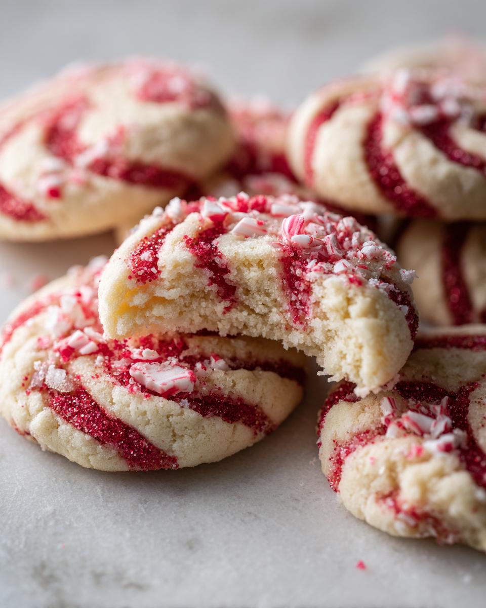 Close-up of a broken Candy Cane Shortbread Cookie showing red swirls and crushed candy cane pieces.