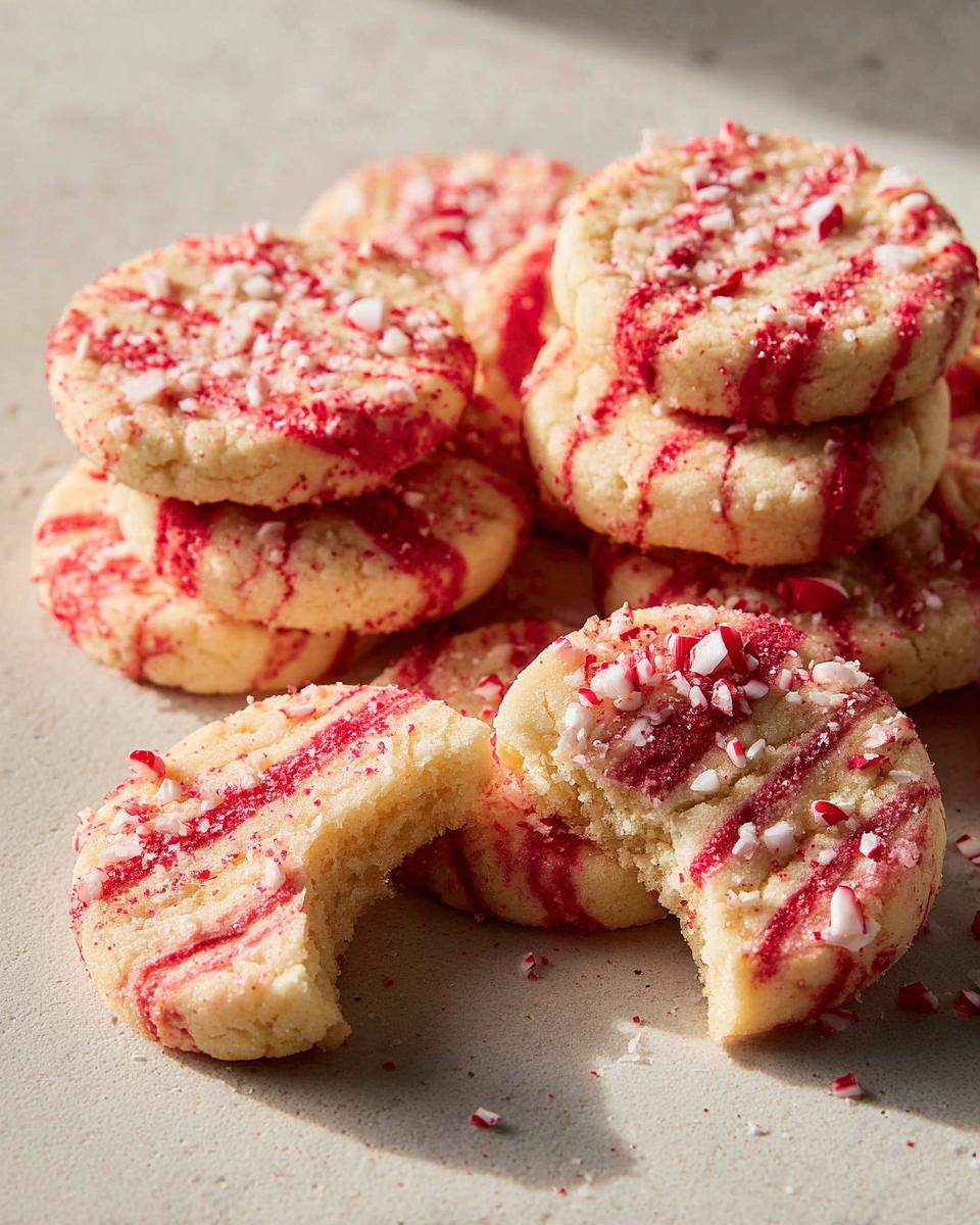 Close-up of delicious Candy Cane Shortbread Cookies with red swirls and crushed candy cane pieces.