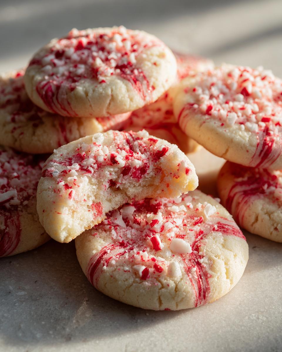 A pile of delicious Candy Cane Shortbread Cookies, topped with crushed candy canes and red swirls.