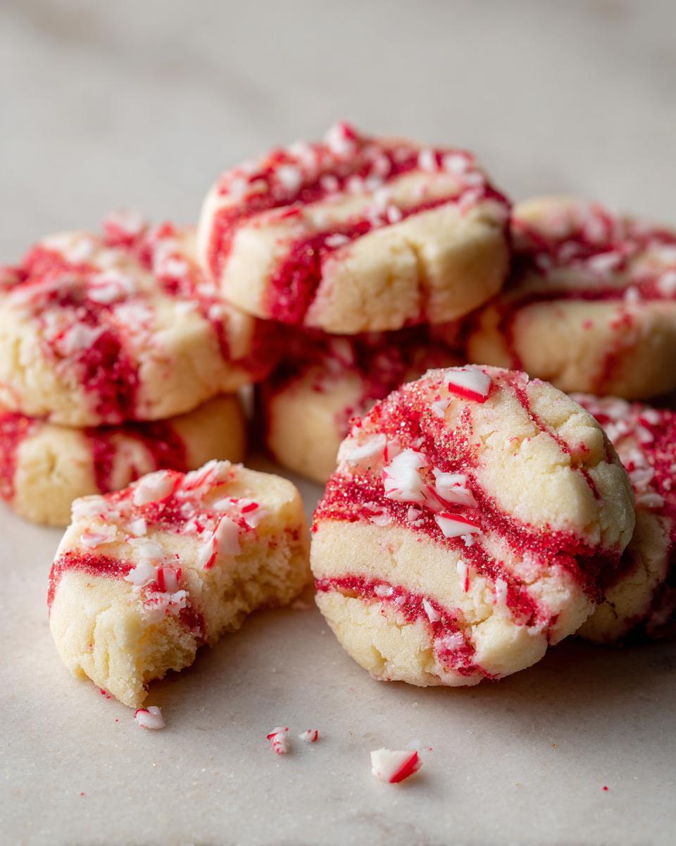 A pile of festive Candy Cane Shortbread Cookies, with one cookie broken to show the crumbly interior.
