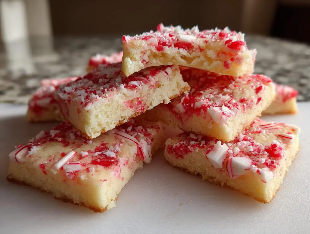 A close-up stack of delicious Candy Cane Shortbread Cookies, topped with crushed candy cane pieces.