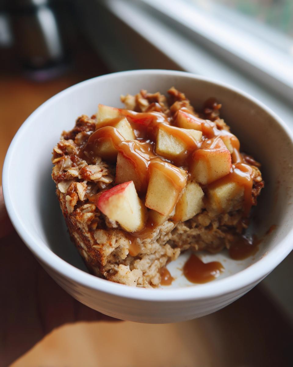 Close-up of a bowl of Caramel Apple Cinnamon Oatmeal Bake topped with apples and caramel.