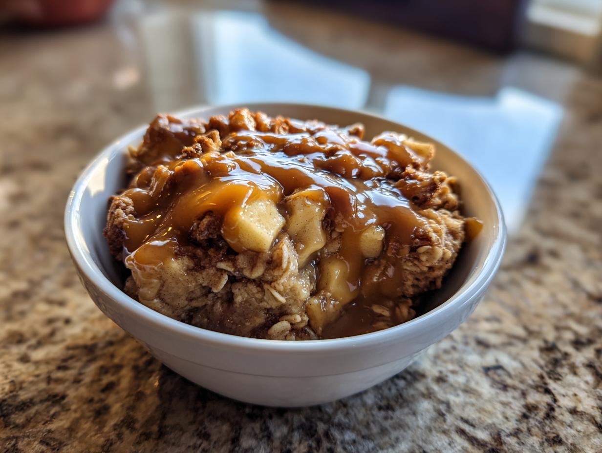 Close-up of a bowl of Caramel Apple Cinnamon Oatmeal Bake, topped with caramel sauce.