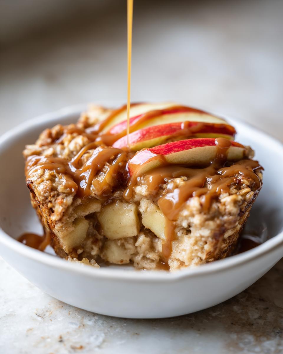 Close-up of a Caramel Apple Cinnamon Oatmeal Bake with caramel sauce being drizzled over it.