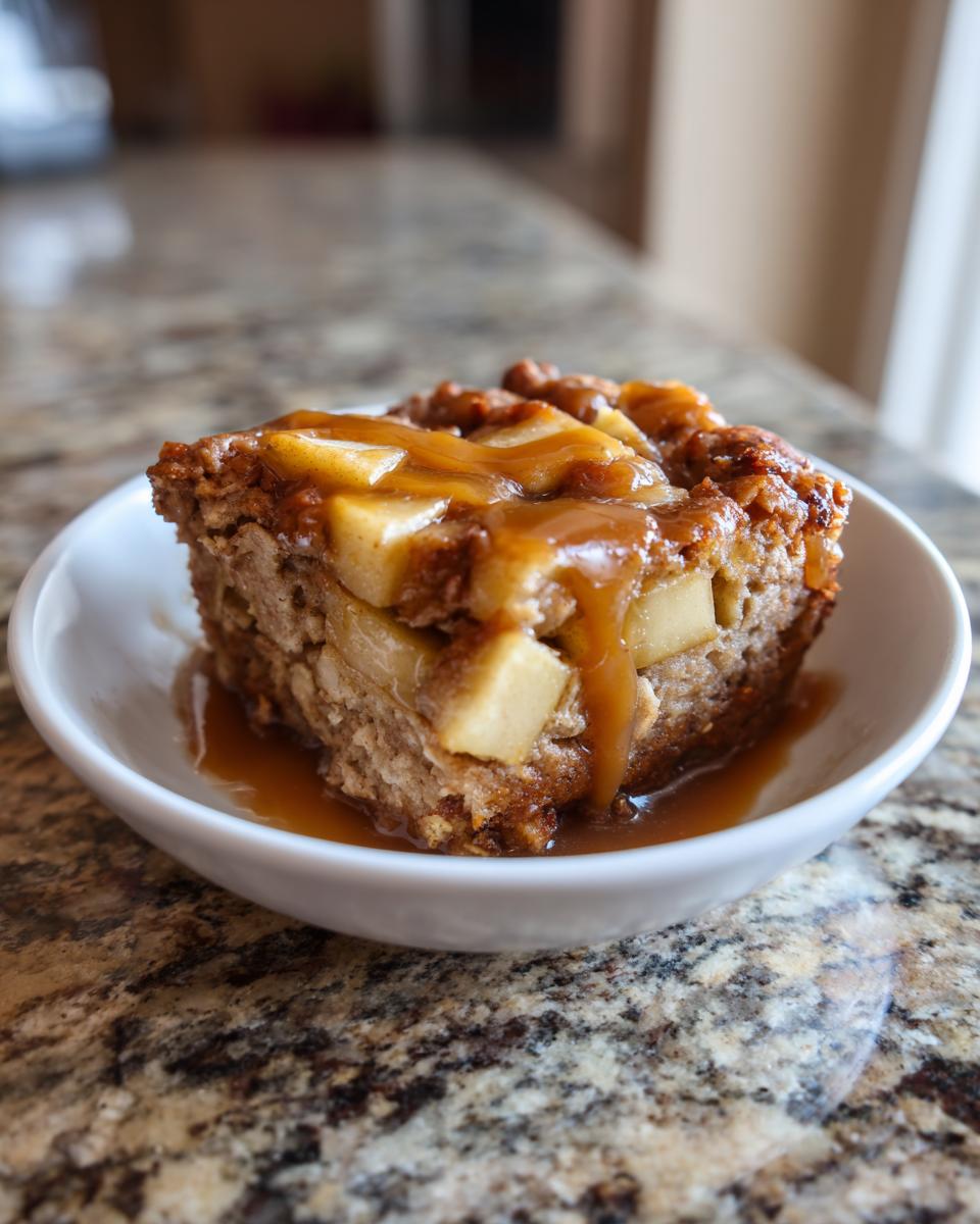Close-up of a slice of Caramel Apple Cinnamon Oatmeal Bake with caramel sauce.