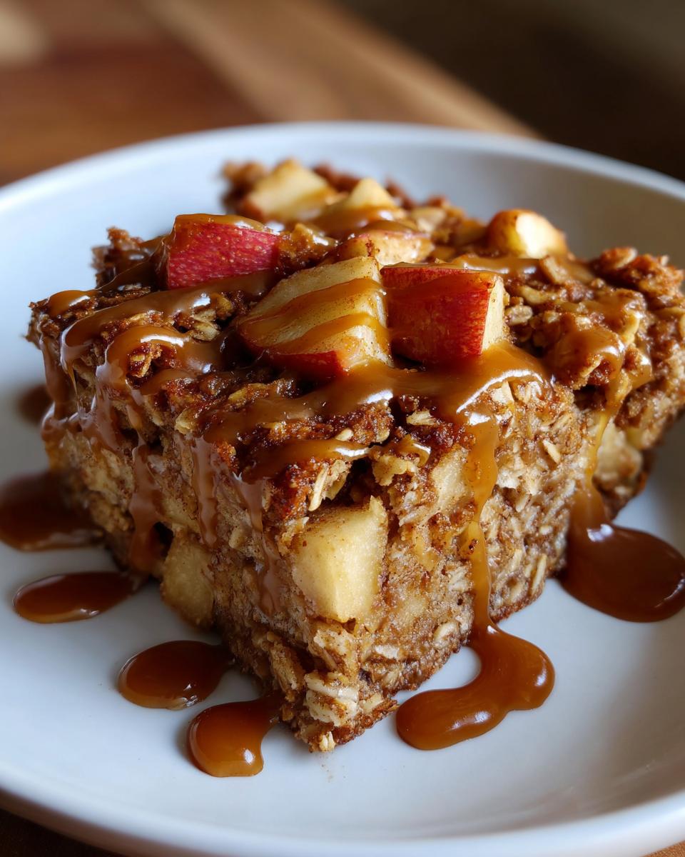 A slice of Caramel Apple Cinnamon Oatmeal Bake topped with caramel sauce and apple chunks.