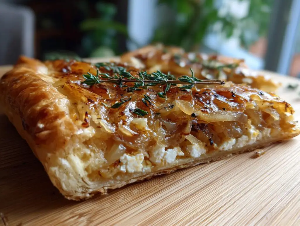 Close-up of a slice of Caramelized Onion Tart, showing flaky crust and caramelized onions.