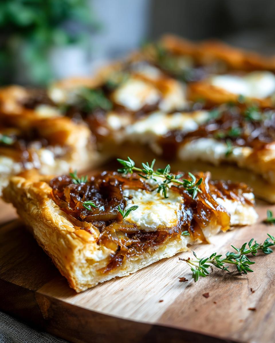 Close-up of a slice of Caramelized Onion Tart with onions, cheese, and herbs on a wooden board.