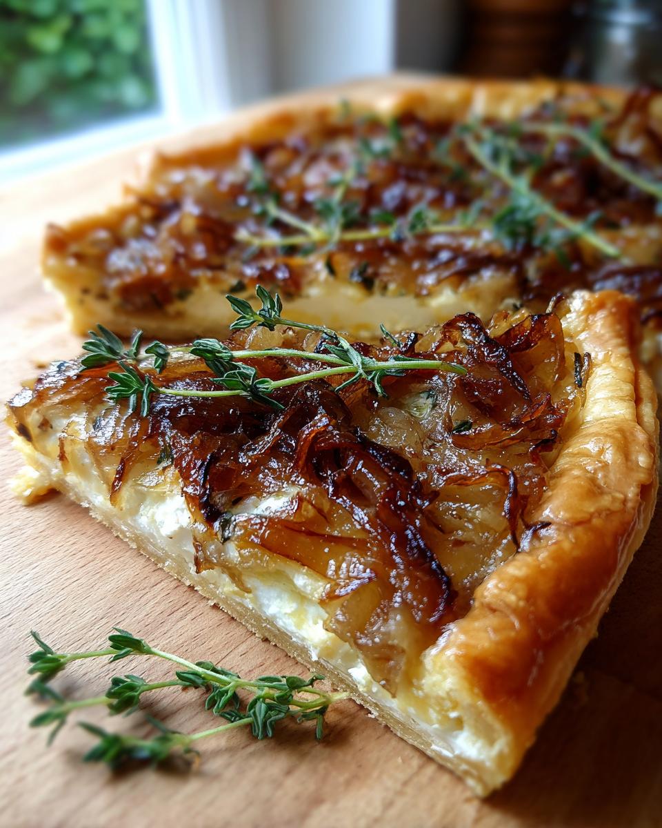 Close-up of a slice of a delicious Caramelized Onion Tart, topped with fresh thyme.