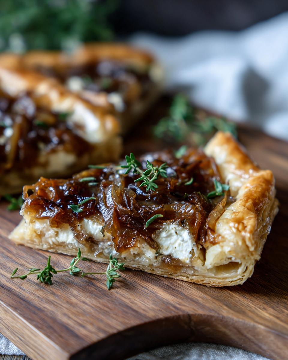 Close-up of a slice of Caramelized Onion Tart on a wooden board, with caramelized onions and cheese.