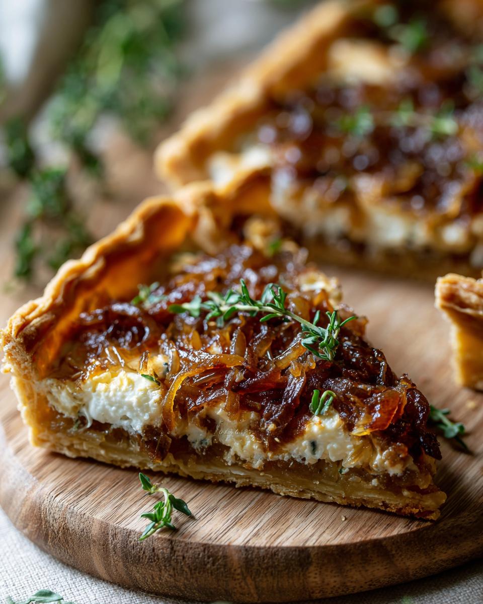 Close-up of a slice of Caramelized Onion Tart, showcasing the caramelized onions and creamy filling.