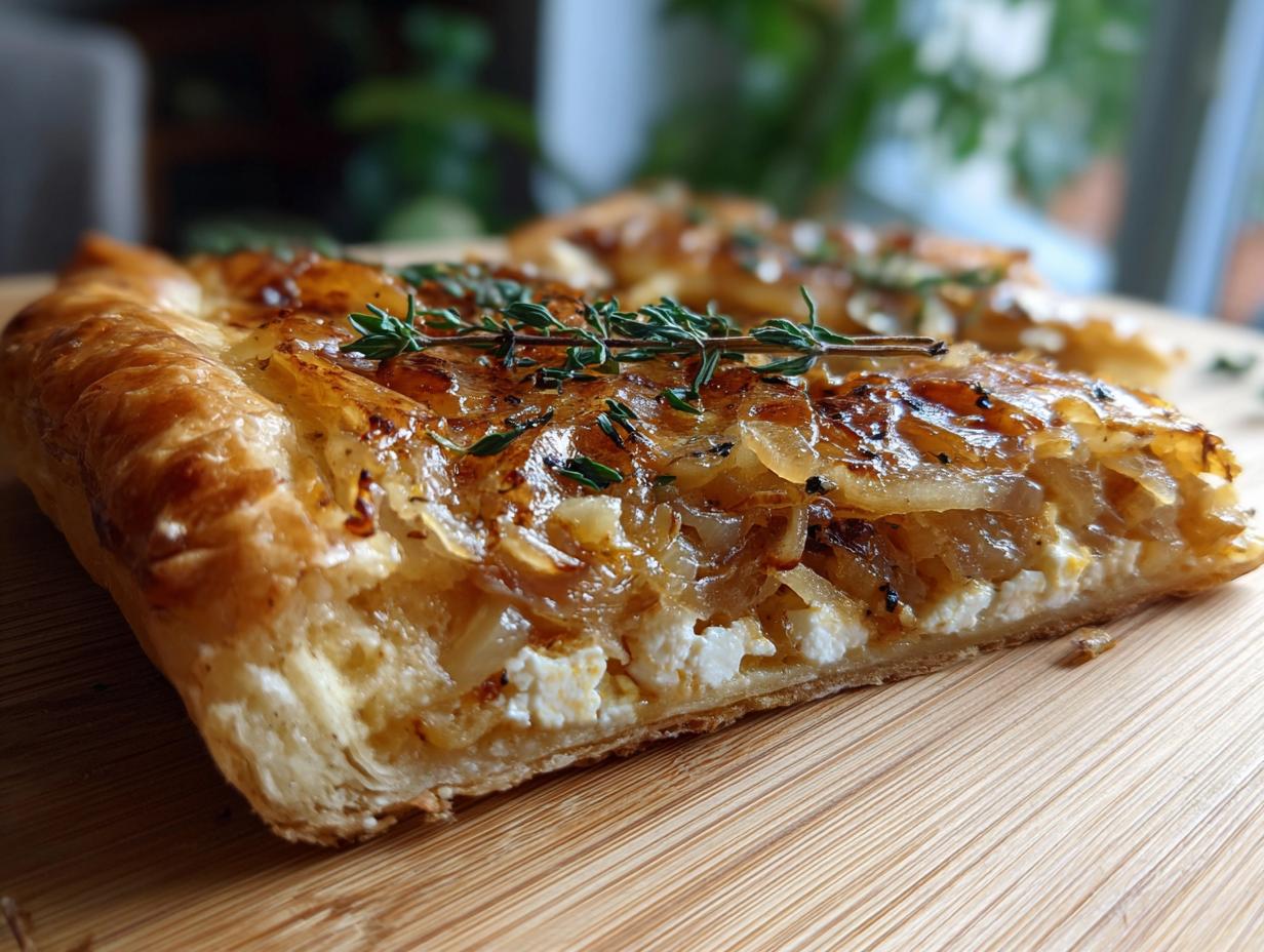 Close-up of a slice of Caramelized Onion Tart, showing flaky crust and caramelized onions.
