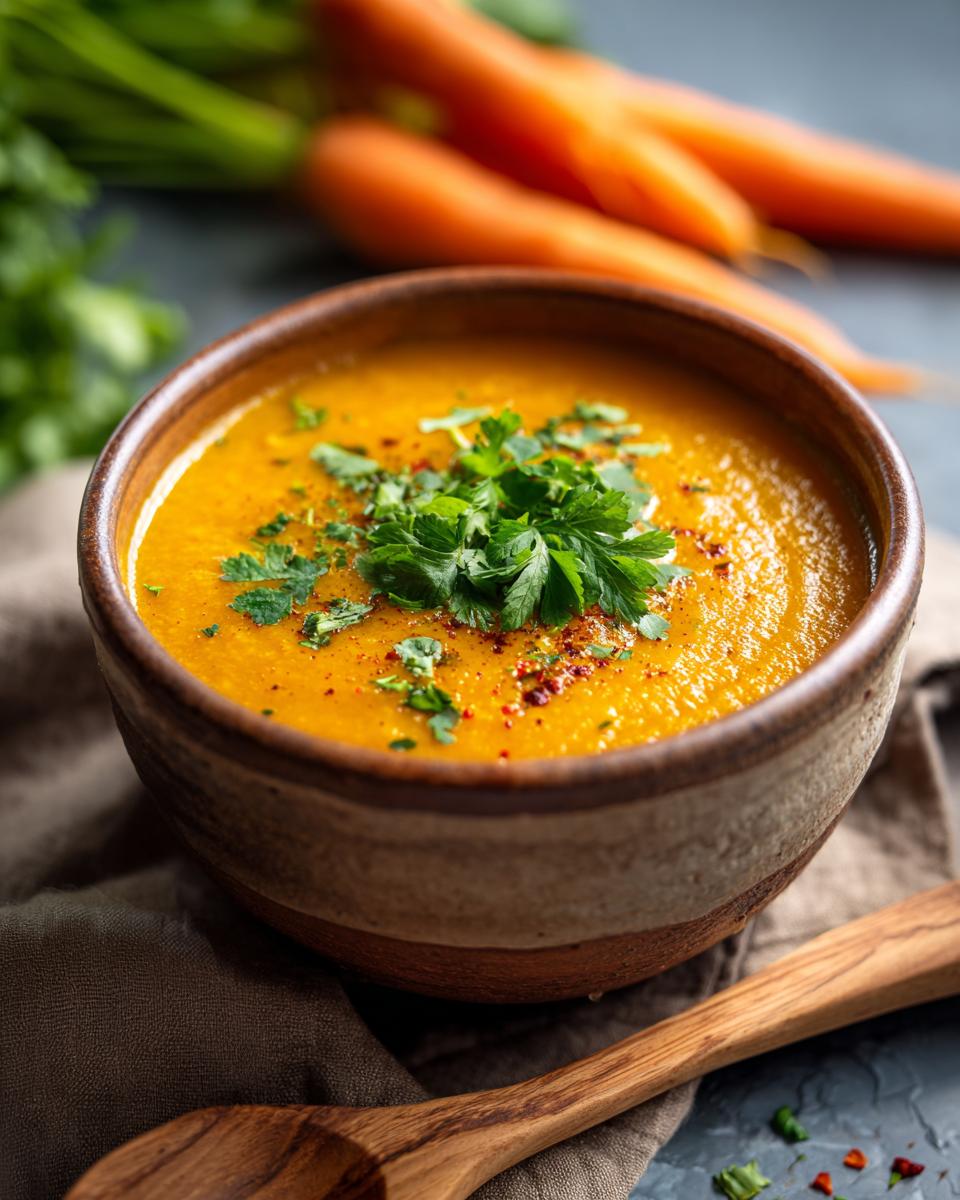 Close-up of a bowl of Carrot Ginger Detox Soup, garnished with fresh herbs, with carrots in the background.