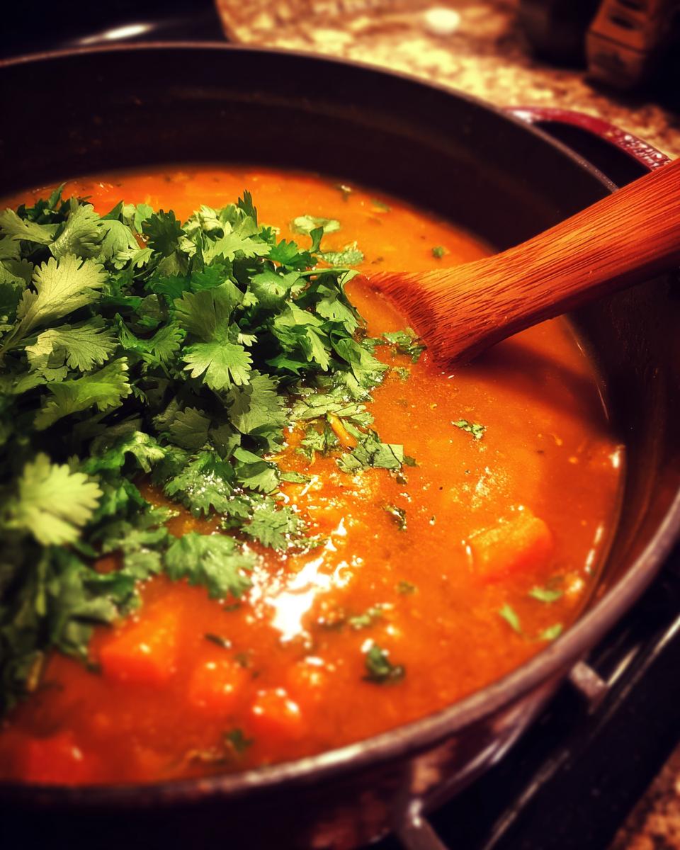 Close-up of Carrot Ginger Detox Soup in a pot, garnished with fresh cilantro.