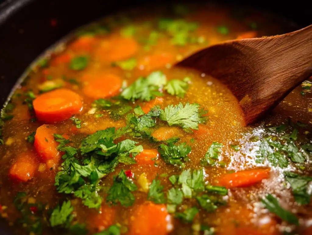 Close-up of Carrot Ginger Detox Soup in a pot, garnished with fresh herbs.