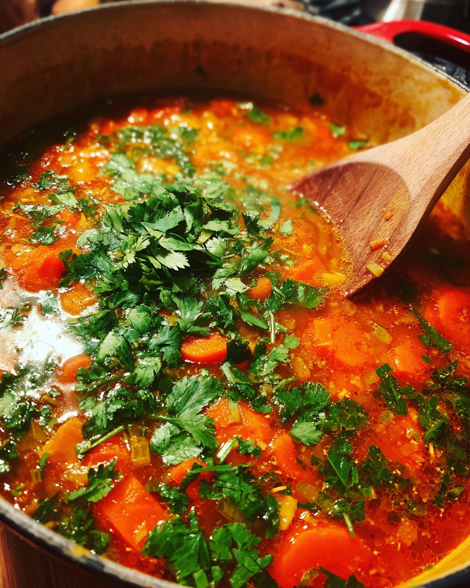 Close-up of Carrot Ginger Detox Soup in a pot, garnished with fresh herbs.