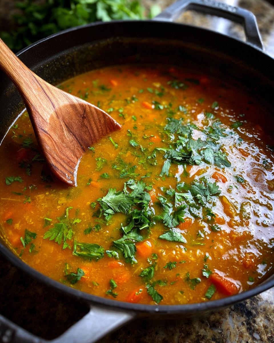 Close-up of Carrot Ginger Detox Soup in a pot with a wooden spoon.