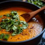 Close-up of a pot of Carrot Ginger Detox Soup, garnished with fresh cilantro and a wooden spoon.