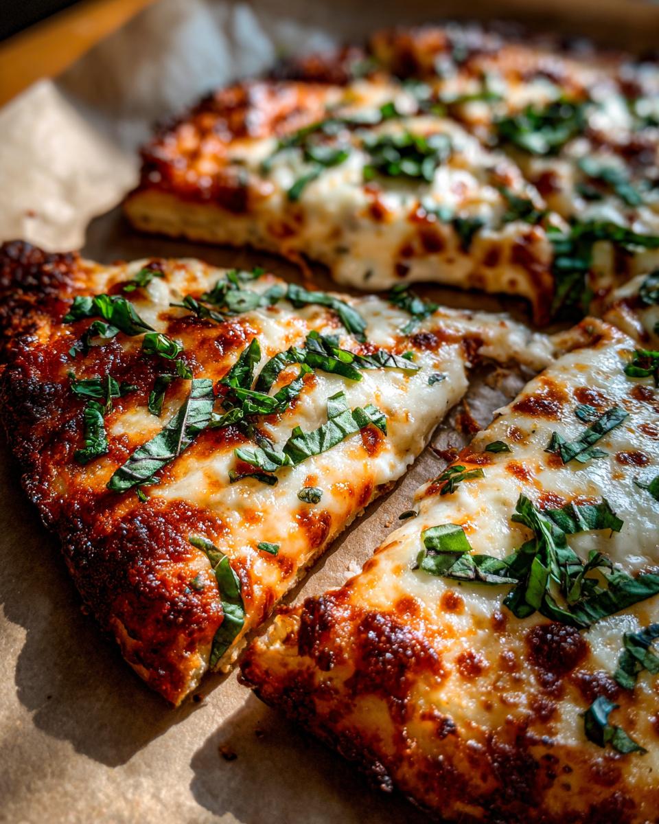 Close-up of a slice of Cauliflower Crust Margherita Flatbread topped with cheese and fresh basil.