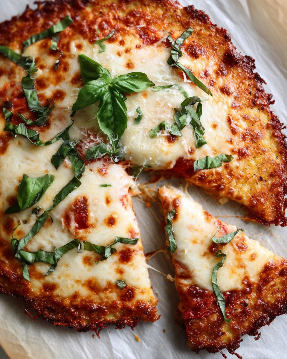 Close-up of a delicious Cauliflower Crust Margherita Flatbread topped with fresh basil.
