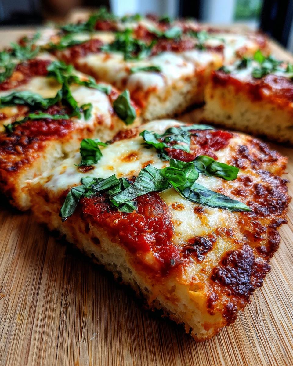 Close-up of a slice of Cauliflower Crust Margherita Flatbread with tomato sauce, mozzarella, and basil.