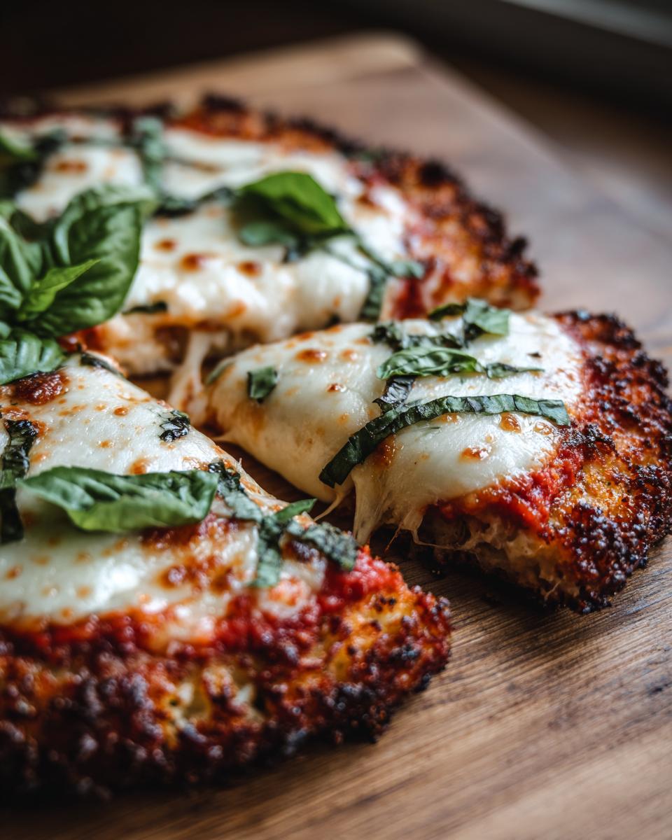 Close-up of sliced Cauliflower Crust Margherita Flatbread with melted cheese and fresh basil.