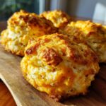 Close-up of golden, flaky Cheddar Biscuits on a wooden board, perfect for a delicious snack or side dish.