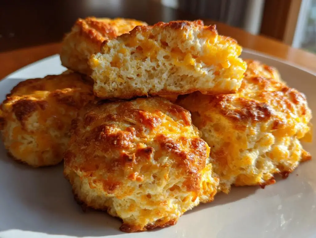 Close-up of golden Cheddar Biscuits on a white plate, showing a flaky texture.