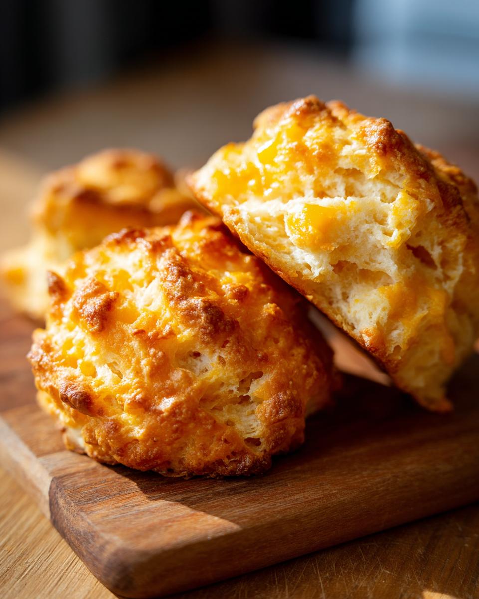 Close-up of freshly baked Cheddar Biscuits on a wooden board, showing a flaky texture.