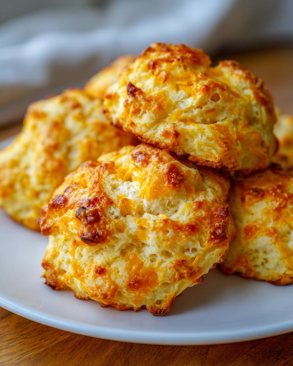Close-up of golden, cheesy Cheddar Biscuits on a white plate, ready to eat.