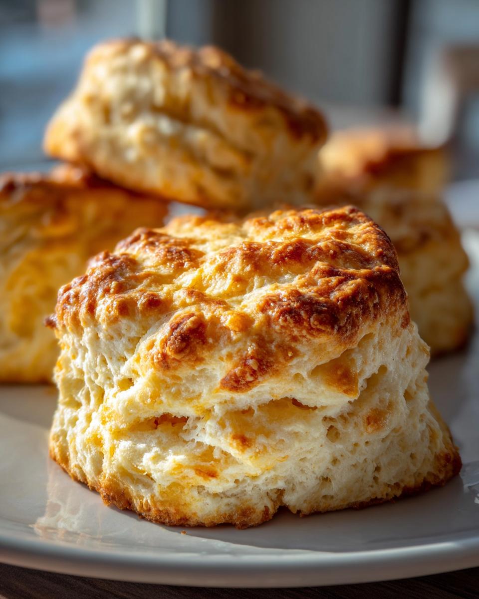 Close-up of golden, flaky Cheddar Biscuits on a white plate, perfect for breakfast or dinner.