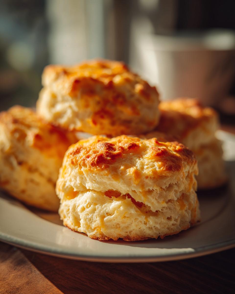 Close-up of freshly baked Cheddar Biscuits on a plate, golden brown and flaky.