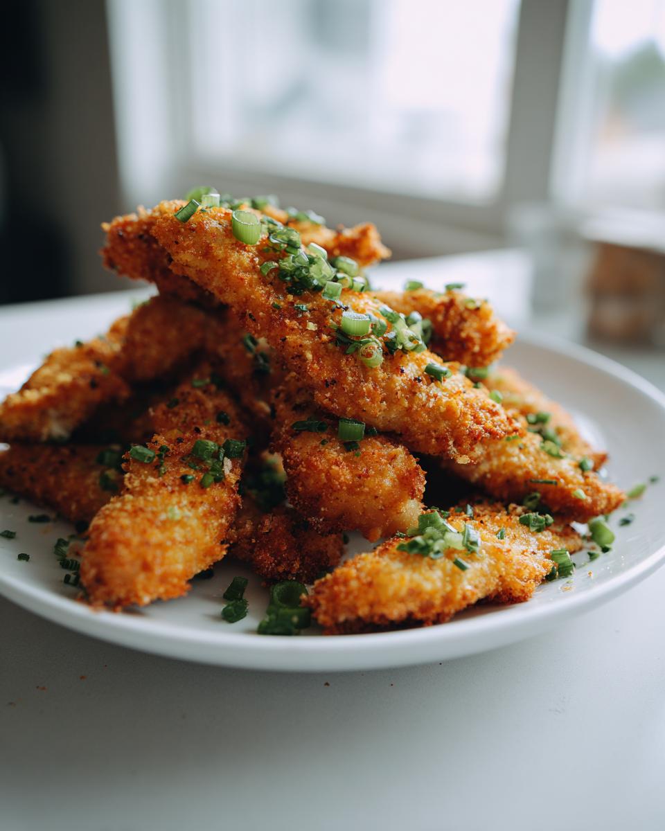 Pile of golden-brown Oven-Baked Cheddar Jalapeño Chicken Tenders on a white plate, garnished with green onions.