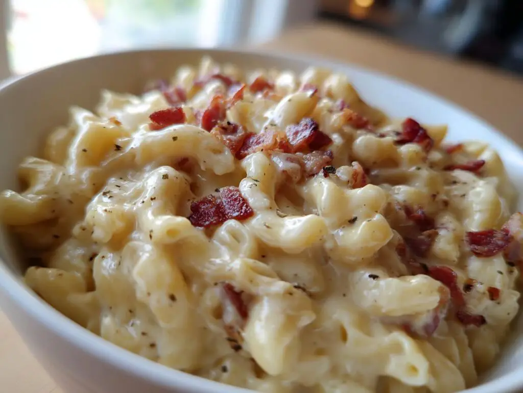Close-up of a bowl of Ultimate Cheesy Bacon Mac and Cheese, topped with crispy bacon.