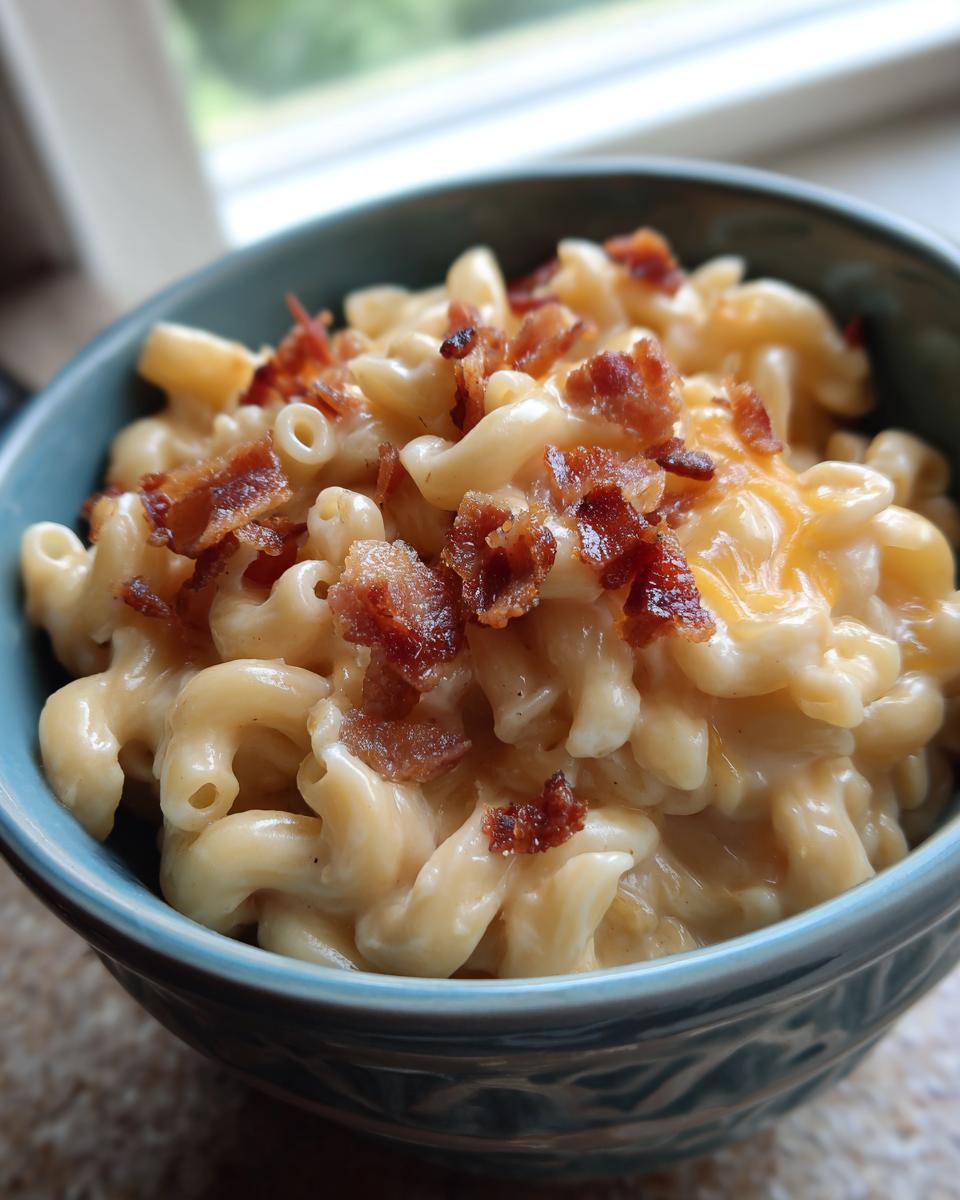 Close-up of Ultimate Cheesy Bacon Mac and Cheese in a blue bowl, topped with crispy bacon.