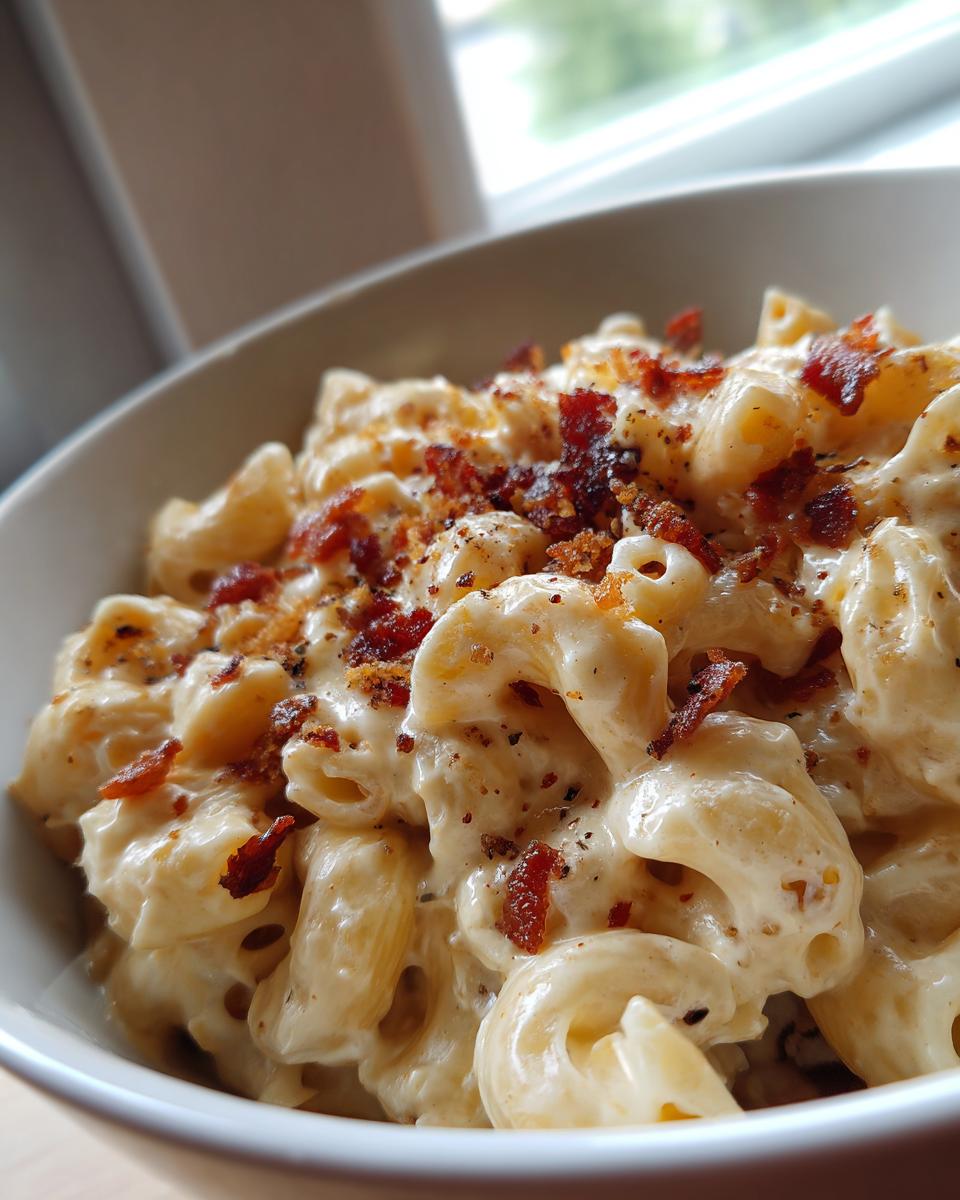 Close-up of a bowl of Ultimate Cheesy Bacon Mac and Cheese topped with crispy bacon.