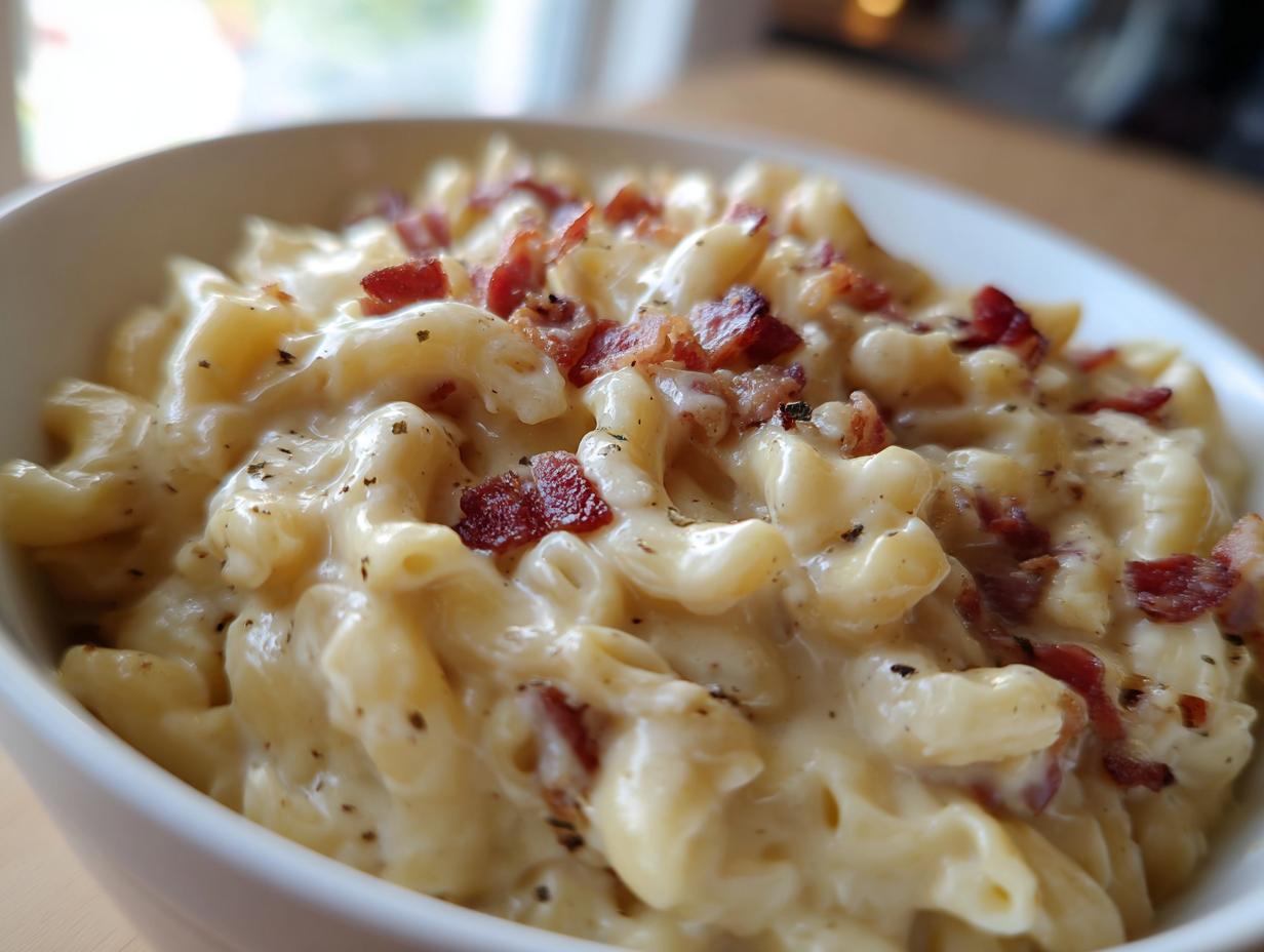 Close-up of a bowl of Ultimate Cheesy Bacon Mac and Cheese, topped with crispy bacon.