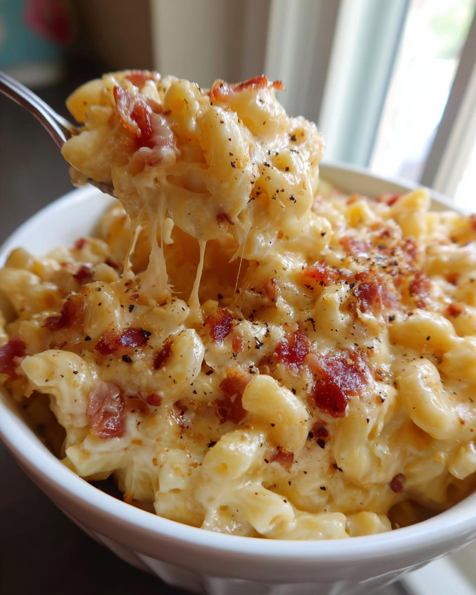 Close-up of Ultimate Cheesy Bacon Mac and Cheese with melted cheese and crispy bacon.