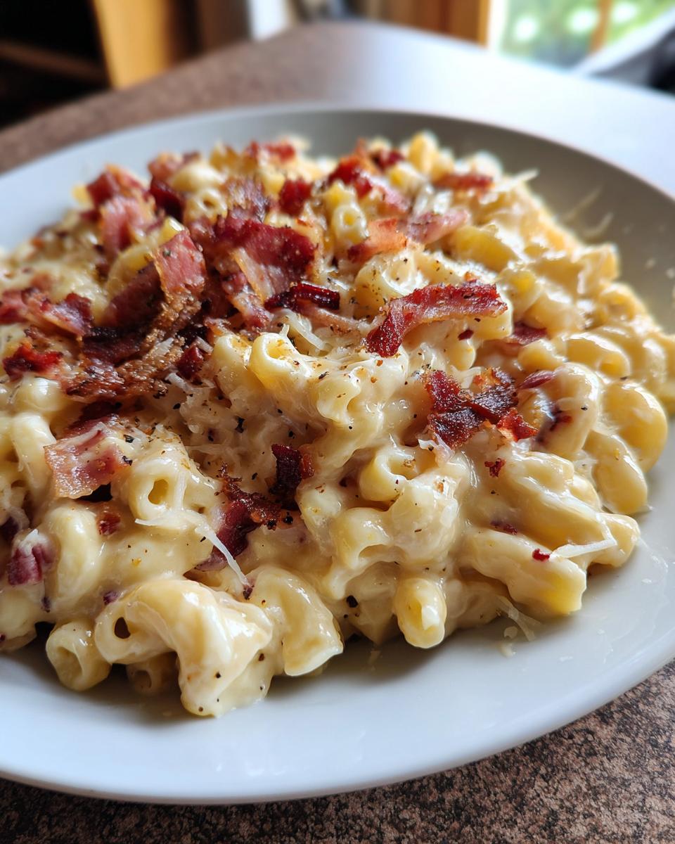 A plate of creamy Ultimate Cheesy Bacon Mac and Cheese topped with crispy bacon.