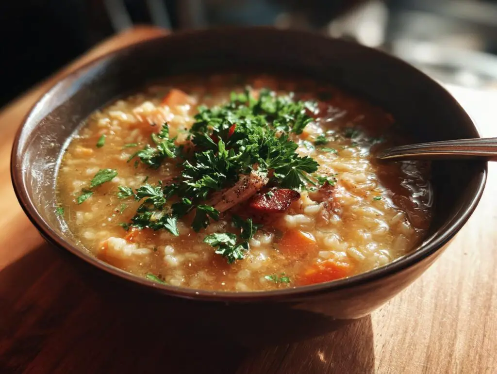 Close-up of a bowl of Chicken & Rice Comfort Soup, garnished with fresh parsley.