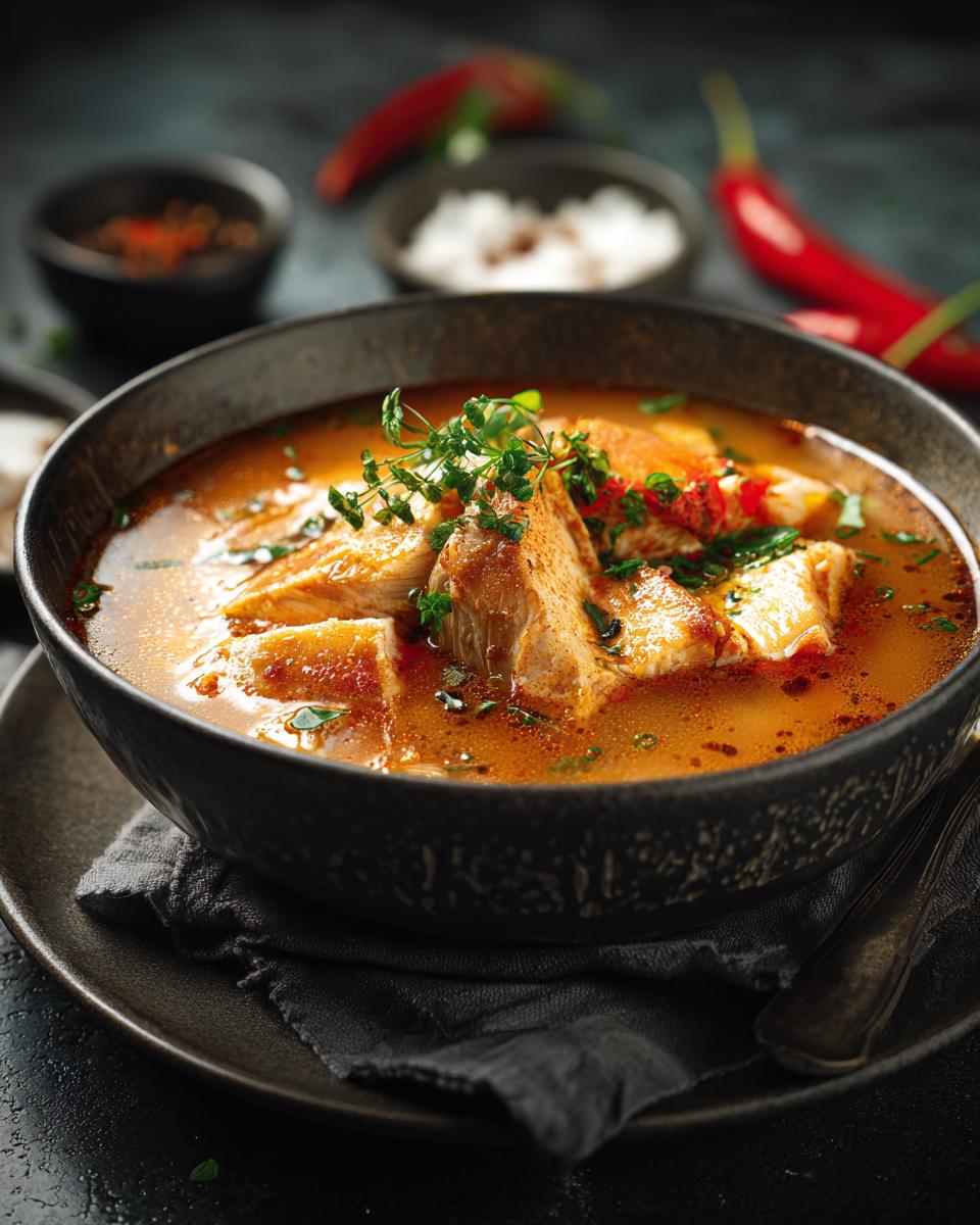 Close-up of a bowl of Chicken & Rice Comfort Soup, garnished with herbs, ready to eat.
